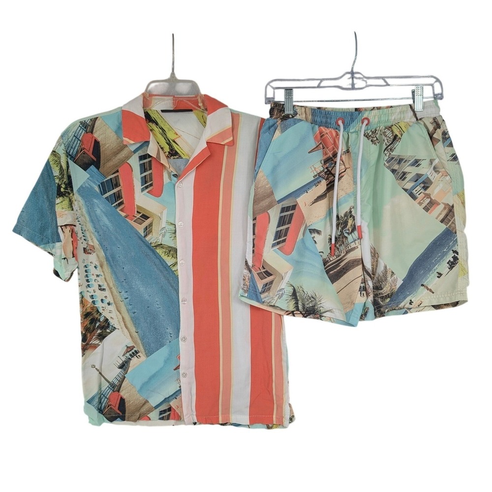 No Boundaries Mens 2 Pc Matching Set Small Beach Scene Shirt & Shorts Multi